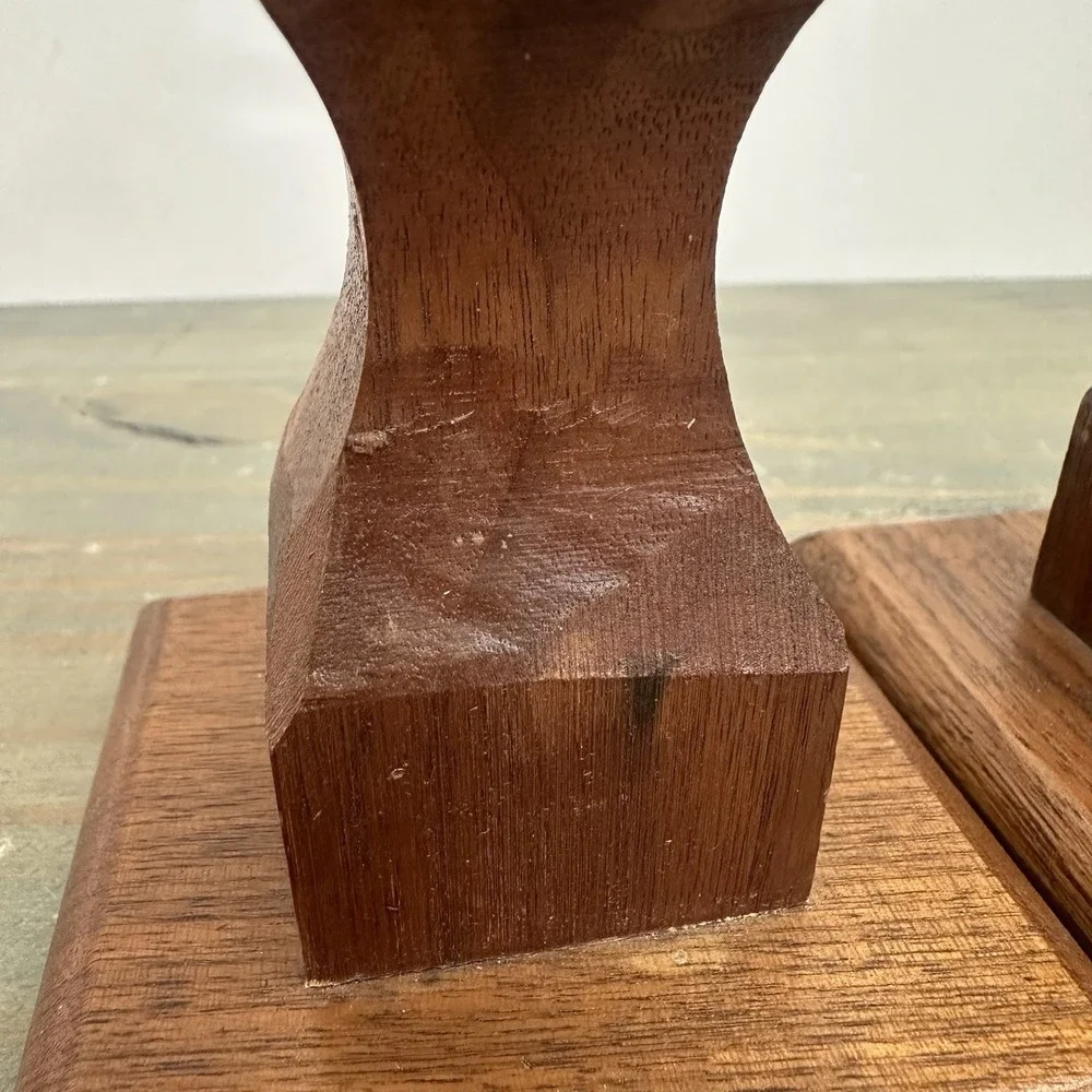 Vintage Mid Century Wood Candle Holders Pair Geometric Carved Taper Candlesticks